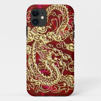 Embossed Gold Dragon on Red Satin Print iPhone 11 Case