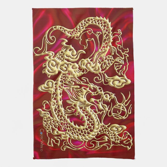 Embossed Gold Dragon on Red Satin Print Kitchen Towel (Vertical)