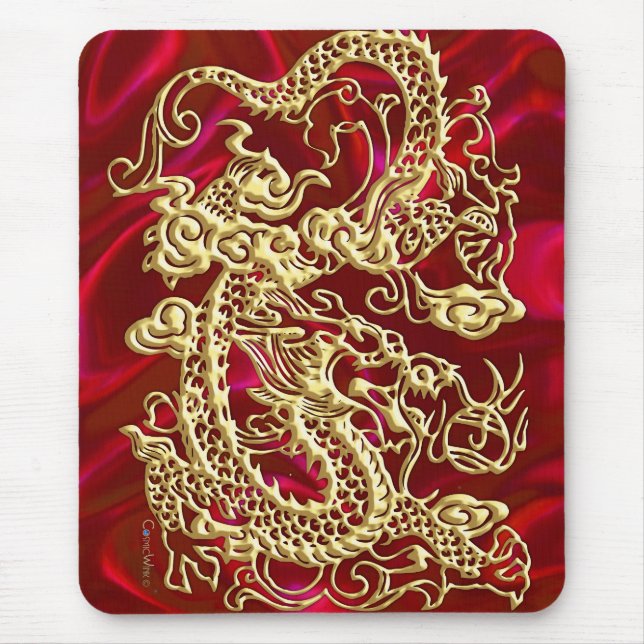 Embossed Gold Dragon on Red Satin Print Mouse Pad (Front)