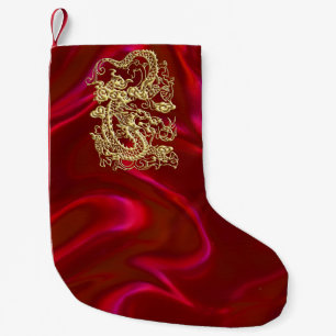 Embossed Gold Dragon on Red Satin Print Small Christmas Stocking