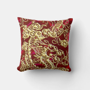 Embossed Gold Dragon on Red Satin Print Throw Pillow