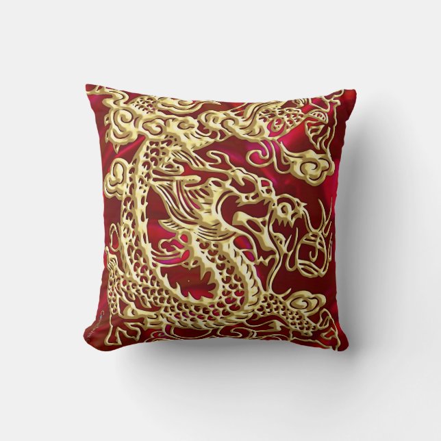 Embossed Gold Dragon on Red Satin Print Throw Pillow (Front)