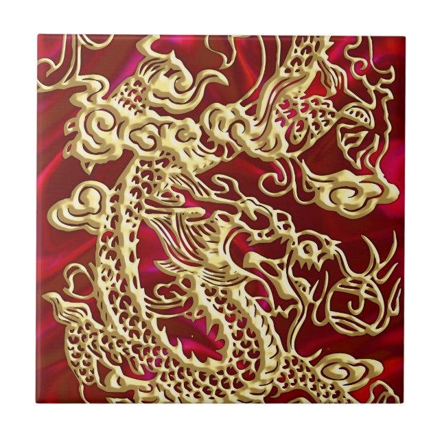 Embossed Gold Dragon on Red Satin Print Tile (Front)