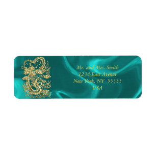 Embossed Gold Dragon on Turquoise Satin Print