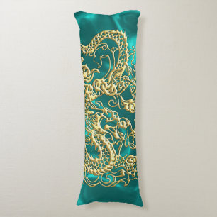 Embossed Gold Dragon on Turquoise Satin Print Body Pillow