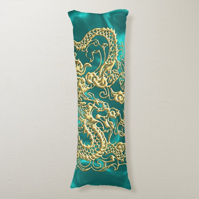 Embossed Gold Dragon on Turquoise Satin Print Body Pillow (Front Vertical)