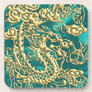 Embossed Gold Dragon on Turquoise Satin Print Coaster