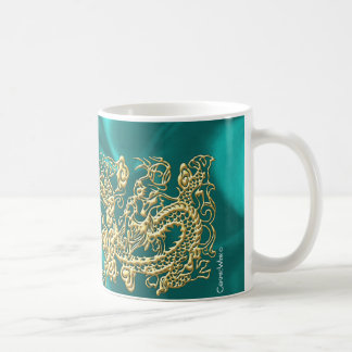 Embossed Gold Dragon on Turquoise Satin Print Coffee Mug