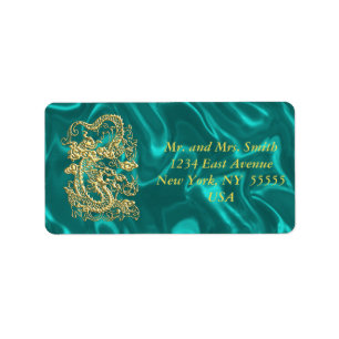 Embossed Gold Dragon on Turquoise Satin Print Label