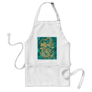 Embossed Gold Dragon on Turquoise Satin Print Standard Apron