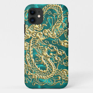 Embossed Gold Dragon Turquoise Satin iPhone Case
