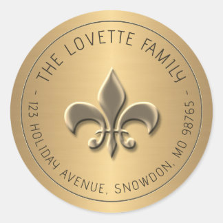 Embossed Gold Fleur de Lis Holiday Return Address Classic Round Sticker