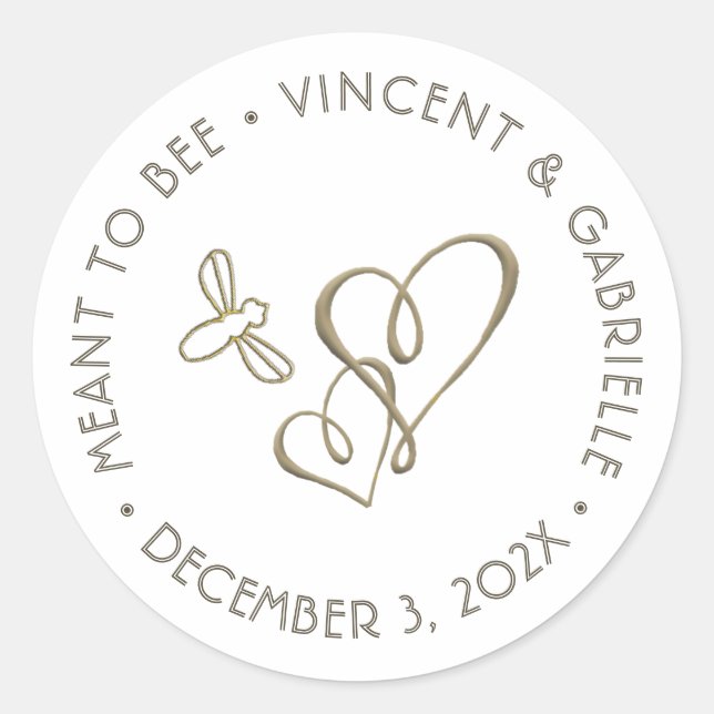 Embossed Gold Hearts and Bee Classy Mini Wedding  Classic Round Sticker (Front)