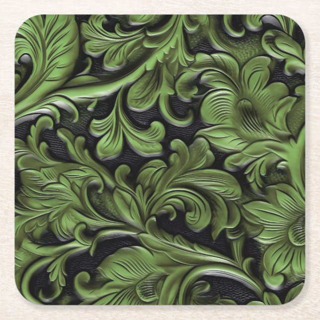 Embossed green black faux leather square paper coaster (Front)