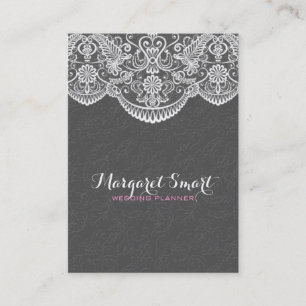 Embossed Grey Damasks And White Vintage Lace Business Card