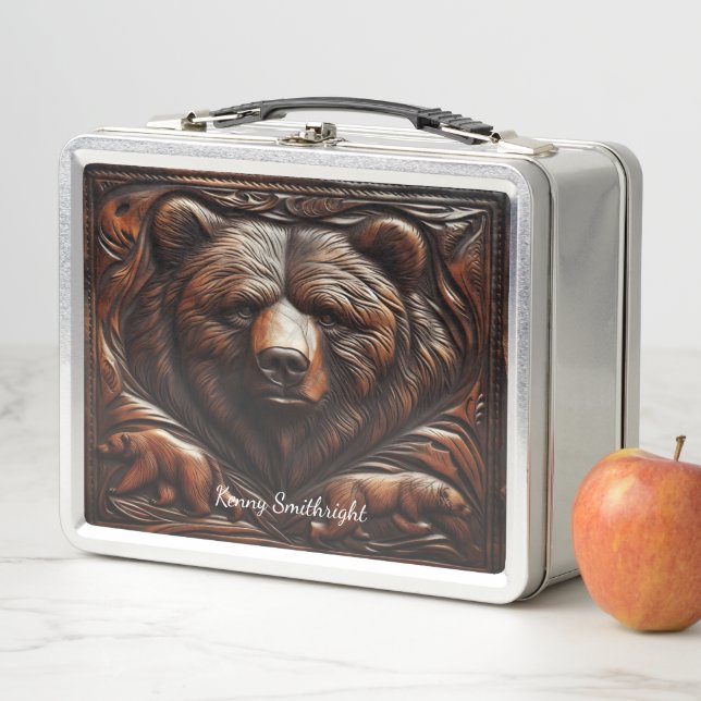 Embossed Grizzly Fury in Leather Metal Lunch Box (In Situ)