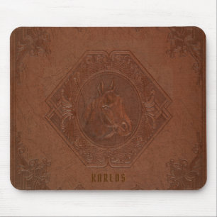 Embossed horse-head brown vintage leather mouse pad