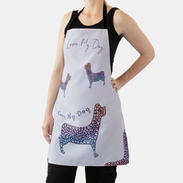 Embossed Indigo Gradient Paw Print Dog Outline Apron (Insitu)