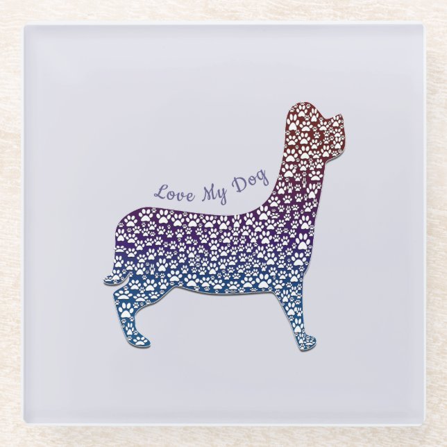 Embossed Indigo Gradient Paw Print Dog Outline Glass Coaster (Front)