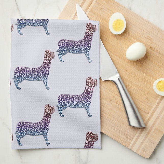 Embossed Indigo Gradient Paw Print Dog Outline Kitchen Towel (Quarter Fold)