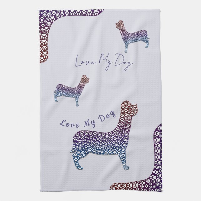 Embossed Indigo Gradient Paw Print Dog Outline Kitchen Towel (Vertical)