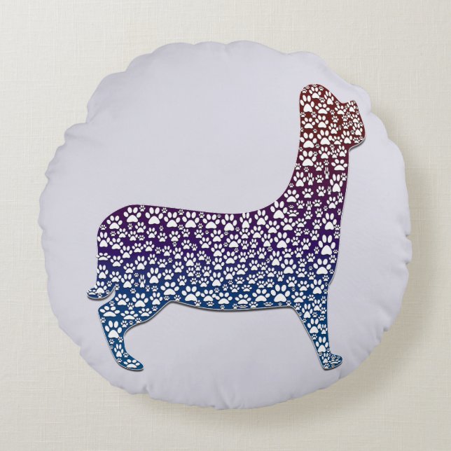 Embossed Indigo Gradient Paw Print Dog Outline Round Pillow (Front)
