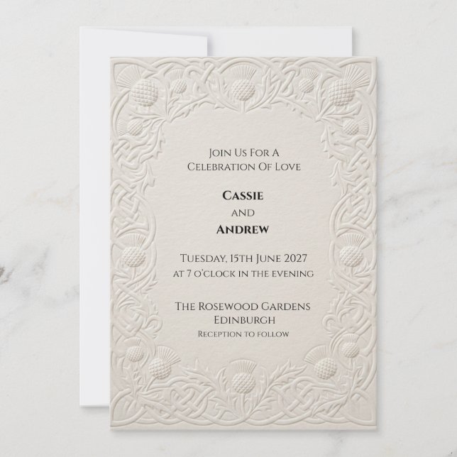 Embossed Ivory Celtic Thistle Wedding Invitation (Front)
