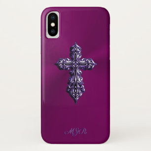 Embossed-look Gothic Cross in Purple with Monogram Case-Mate iPhone Case