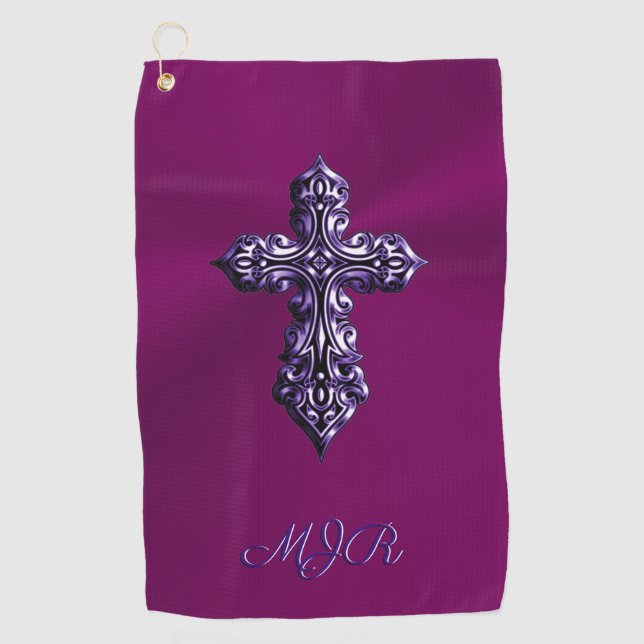 Embossed-look Gothic Cross in Purple with Monogram Golf Towel (Front)