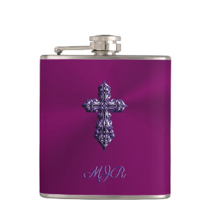 Embossed-look Gothic Cross in Purple with Monogram Hip Flask