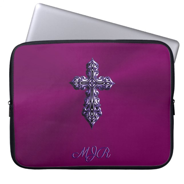 Embossed-look Gothic Cross in Purple with Monogram Laptop Sleeve (Front)