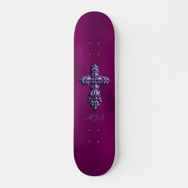 Embossed-look Gothic Cross in Purple with Monogram Skateboard (Front)