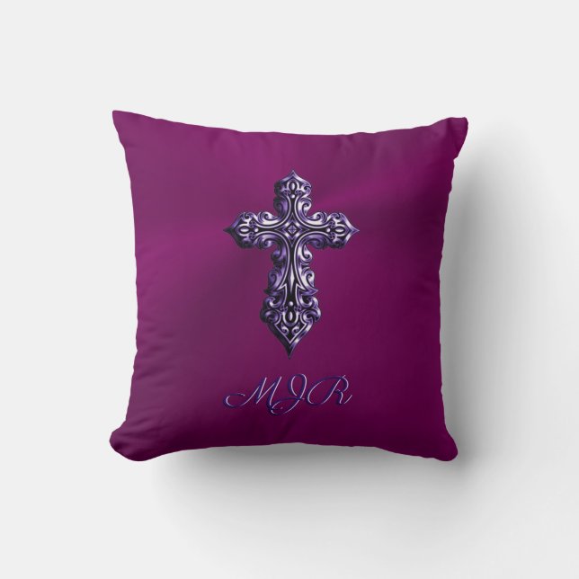 Embossed-look Gothic Cross in Purple with Monogram Throw Pillow (Front)