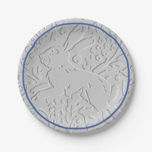 Embossed Look Grey Rabbit Bunny Blue Border Paper Plate