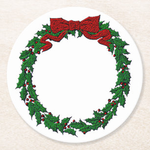 Embossed Look Holly Wreath Round Paper Coaster