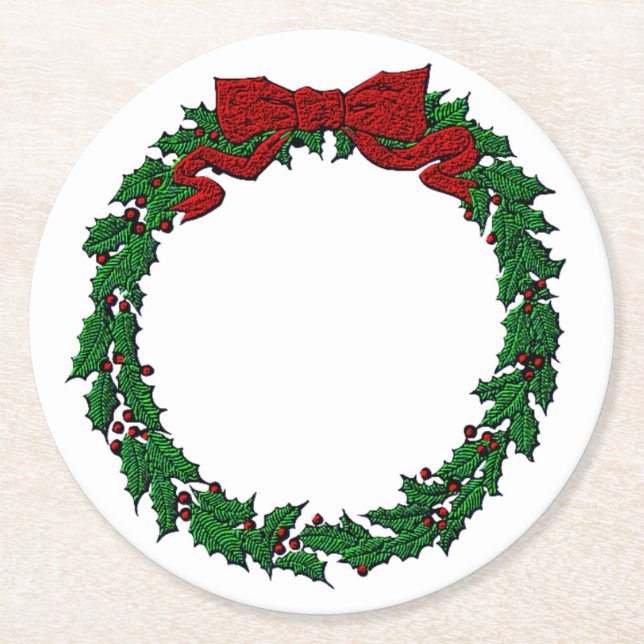 Embossed Look Holly Wreath  Round Paper Coaster (Front)