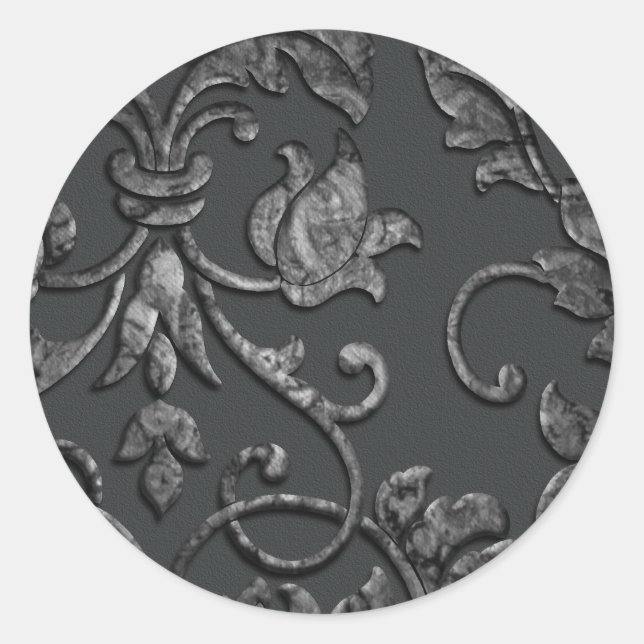 Embossed Look Metallic Damask, Pewter Classic Round Sticker (Front)