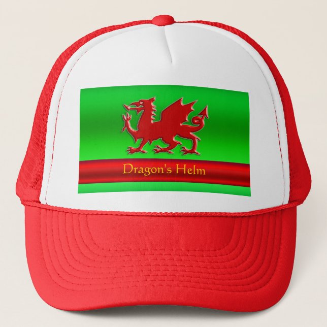Embossed-look Red Dragon on green chrome-effect Trucker Hat (Front)