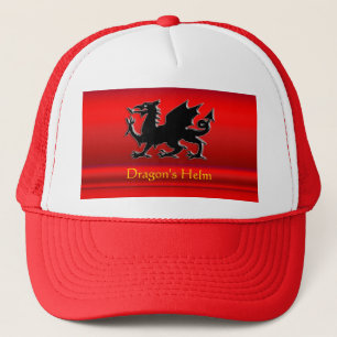 Embossed-look Red Dragon on red chrome-effect Trucker Hat