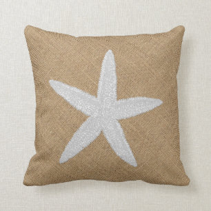 Embossed Look Starfish on Burlap Throw Pillow