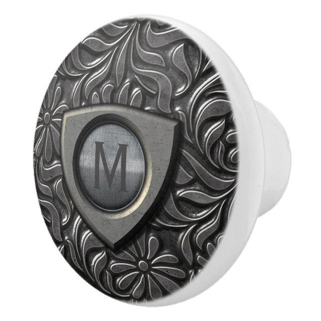 Embossed Metal Shield Monogram ID139 Ceramic Knob (Right)
