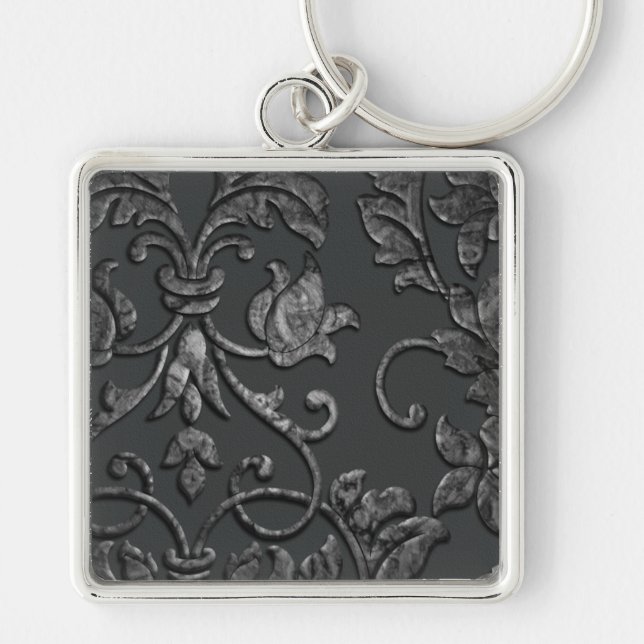 Embossed Metallic Damask, Pewter Keychain (Front)
