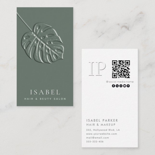 Embossed monstera leaf monogram Qr code  Business Card (Front/Back)