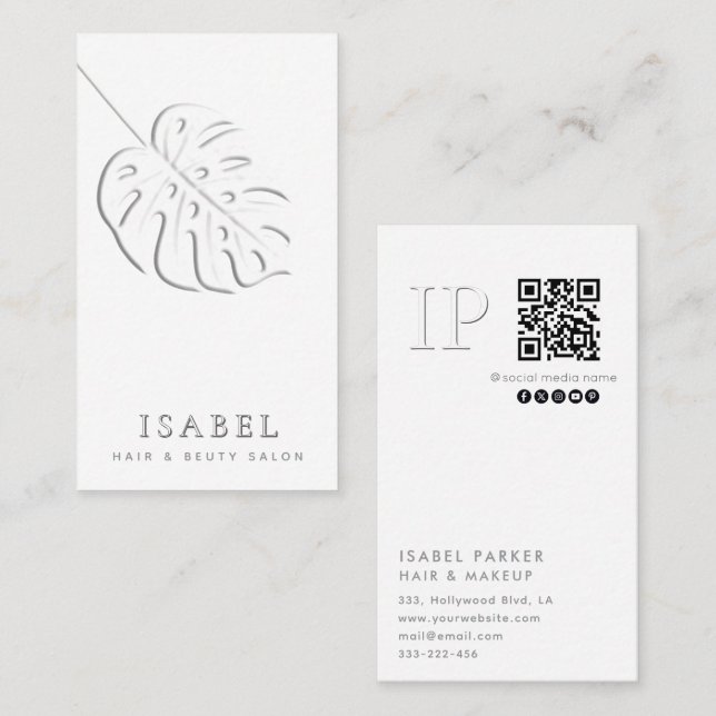 Embossed monstera leaf monogram Qr code  Business Card (Front/Back)