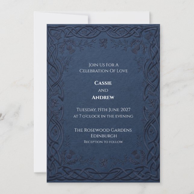 Embossed Navy Celtic Thistle Wedding Invitation (Front)