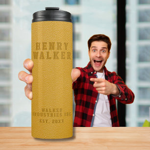 Embossed Personalized Gold Yellow Vegan Leather Thermal Tumbler