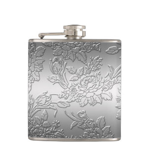 Embossed Polished Silver Roses and Tulips Hip Flask