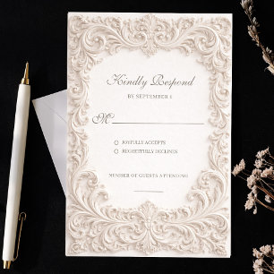 Embossed Style Ivory Rococo Scroll Wedding RSVP Card