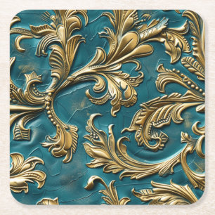 Embossed teal gold faux leather square paper coaster