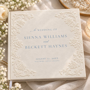 Embossed Vintage Floral Ivory Dusty Blue Wedding Guest Book